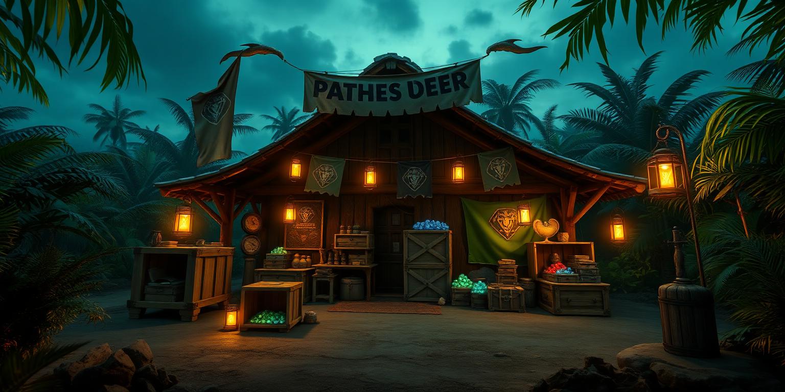 Jungle trading outpost at dusk with lanterns, alliance banners and diamond crates