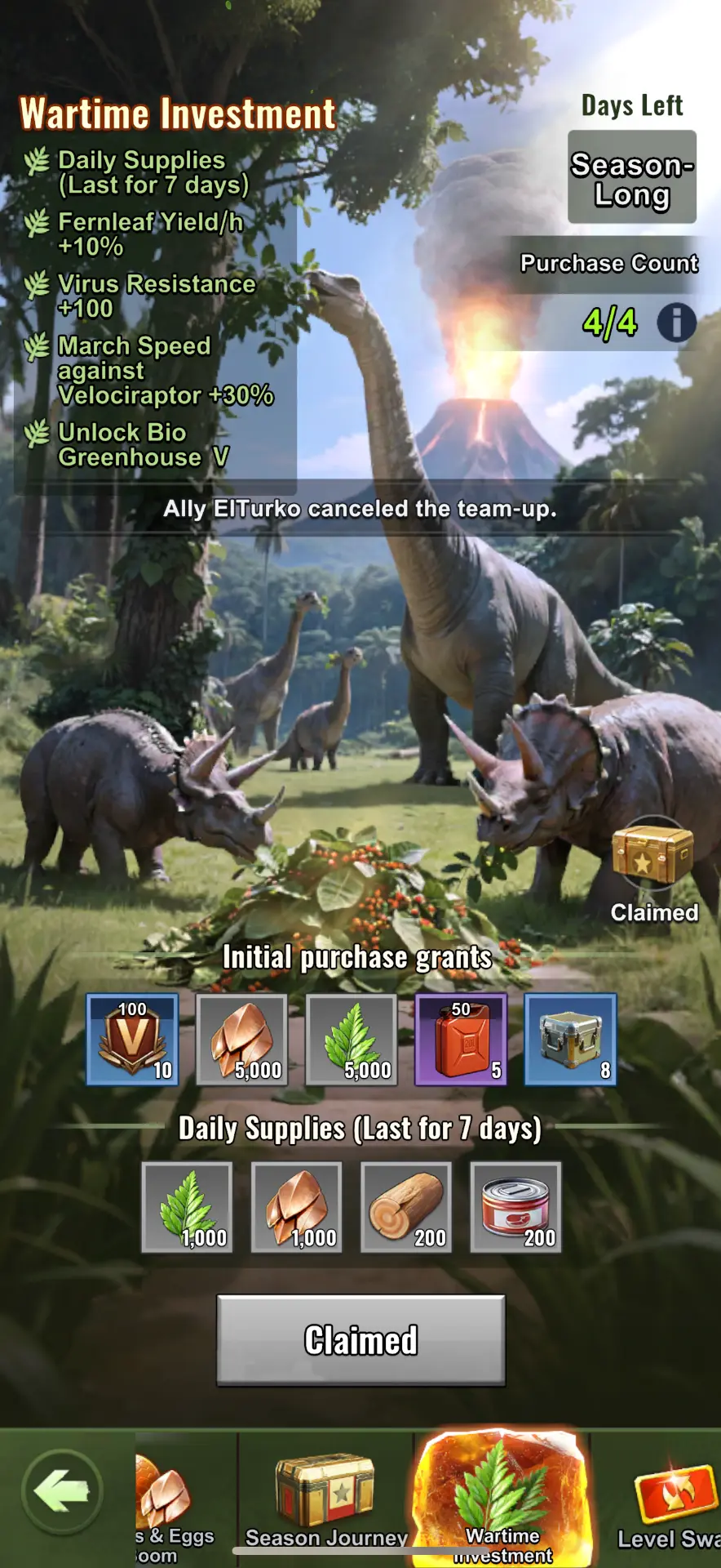 Wartime Investment screen showing purchase count, daily supplies and season-long buffs