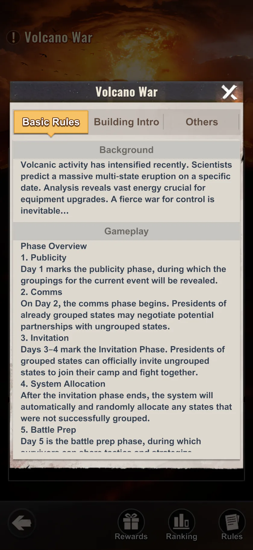 Last Z Volcano War in-game screenshot — In-game · Basic Rules · Background & Phase Overview