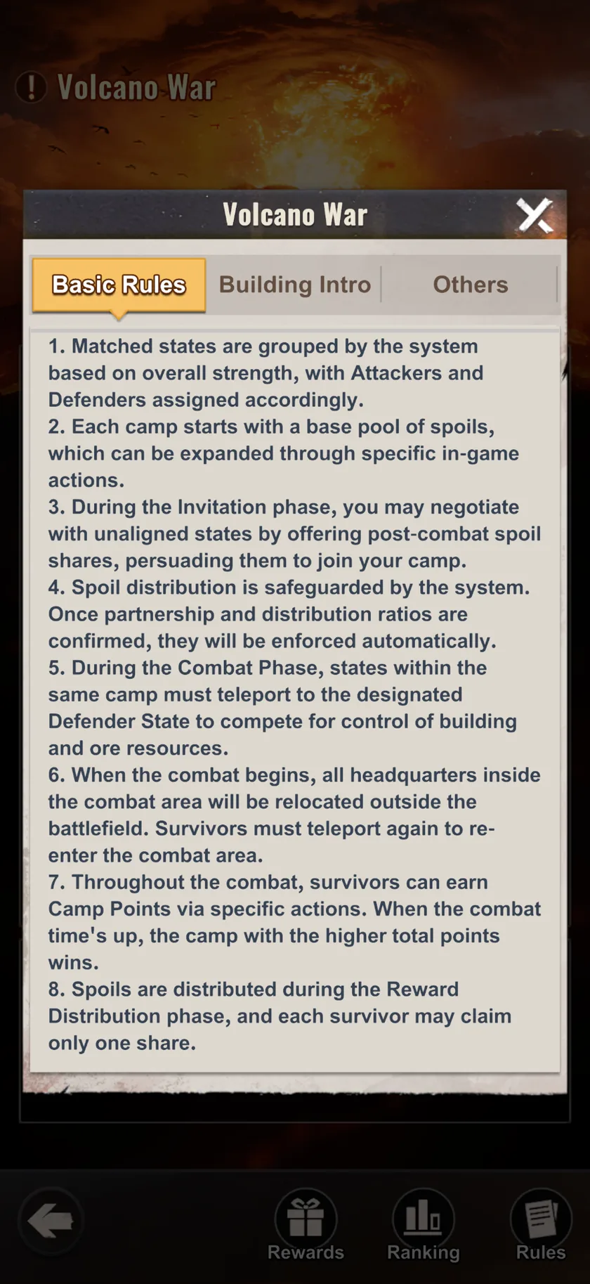 Last Z Volcano War in-game screenshot — In-game · Basic Rules · Combat & Schedule rules