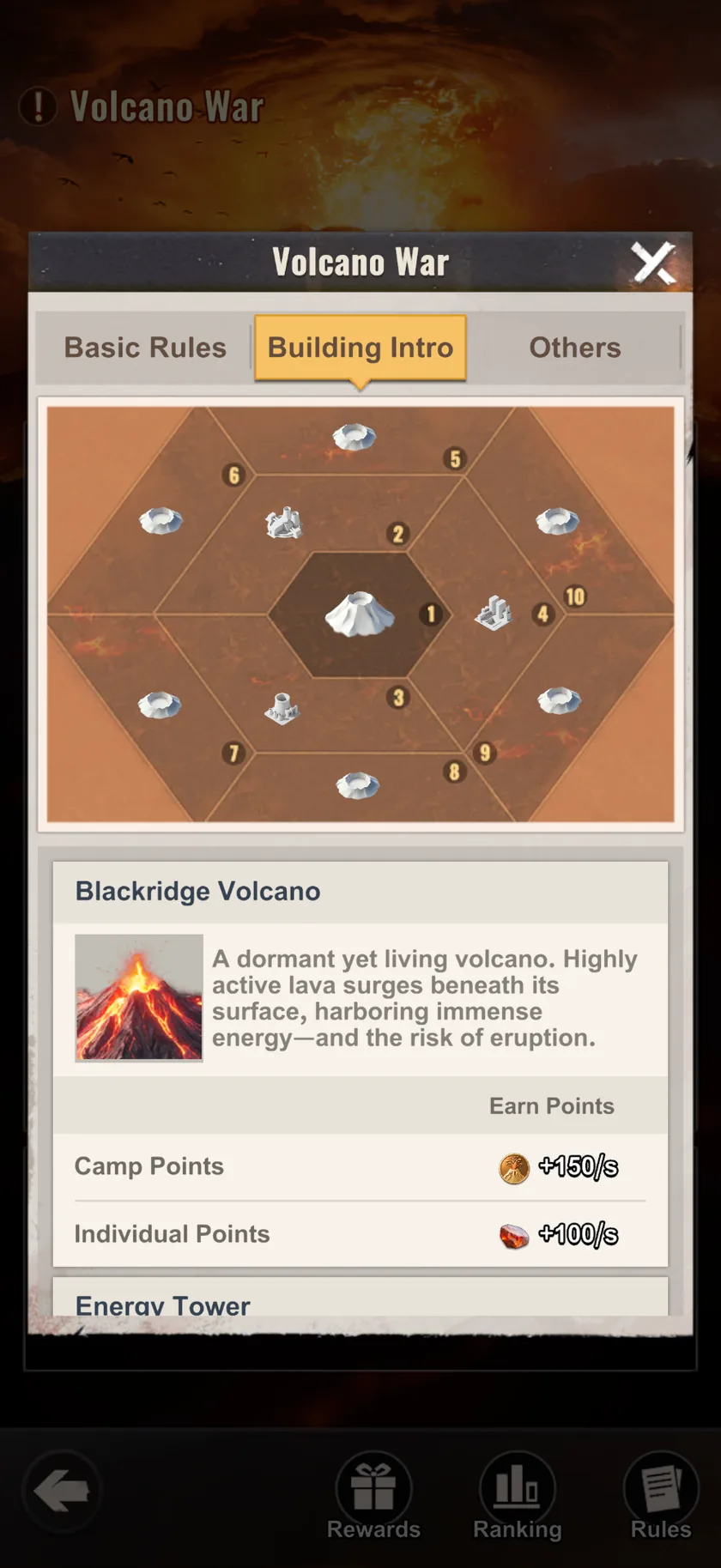 Last Z Volcano War in-game screenshot — In-game · Hex battlefield map · Blackridge Volcano at center, 10 numbered zones