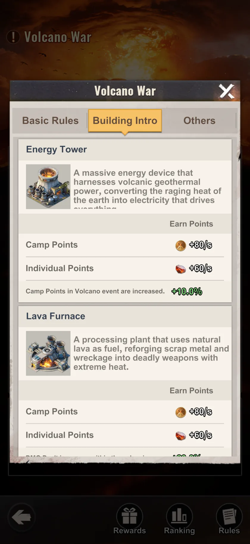 Last Z Volcano War in-game screenshot — In-game · Energy Tower (+10% Camp Pts) & Lava Furnace (+20% DMG)