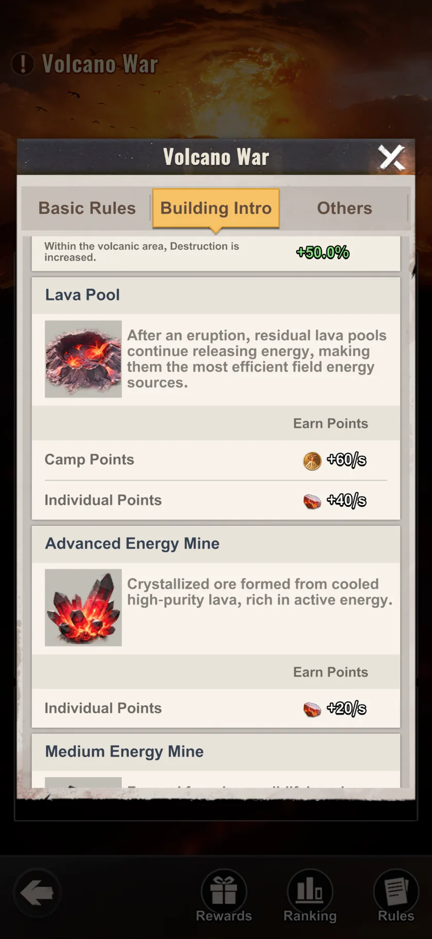 Last Z Volcano War in-game screenshot — In-game · Lava Pool (most efficient field source) & Advanced Energy Mine