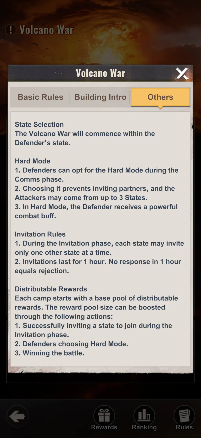 Last Z Volcano War in-game screenshot — In-game · Others tab · Hard Mode + Invitation rules