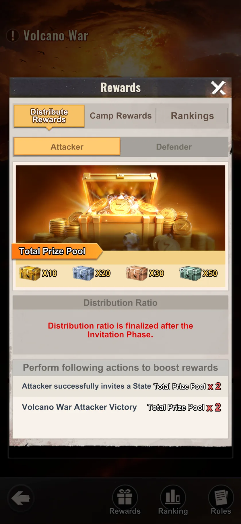 Last Z Volcano War in-game screenshot — In-game · Attacker prize pool · chest tiers x10/x20/x30/x50