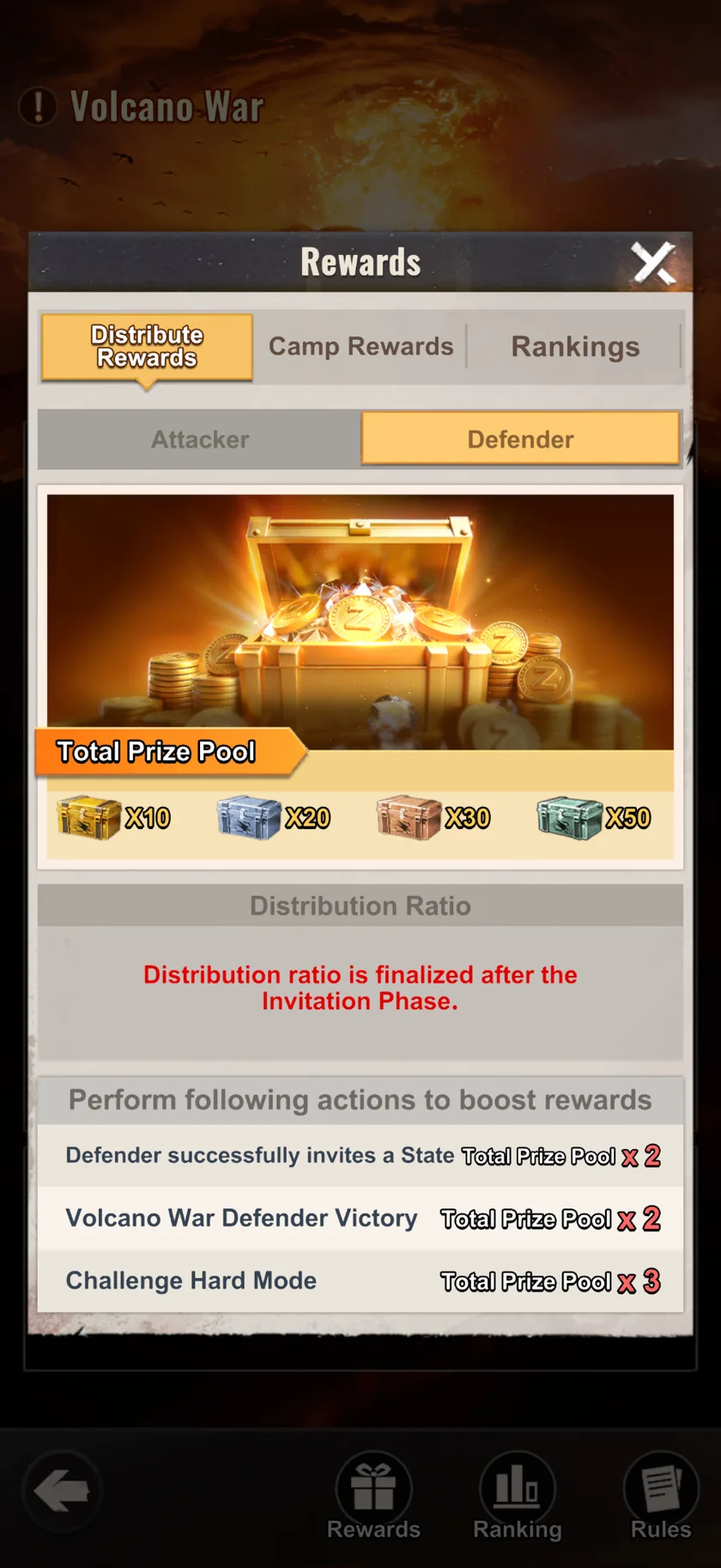 Last Z Volcano War in-game screenshot — In-game · Defender prize pool · Hard Mode adds the ×3 multiplier