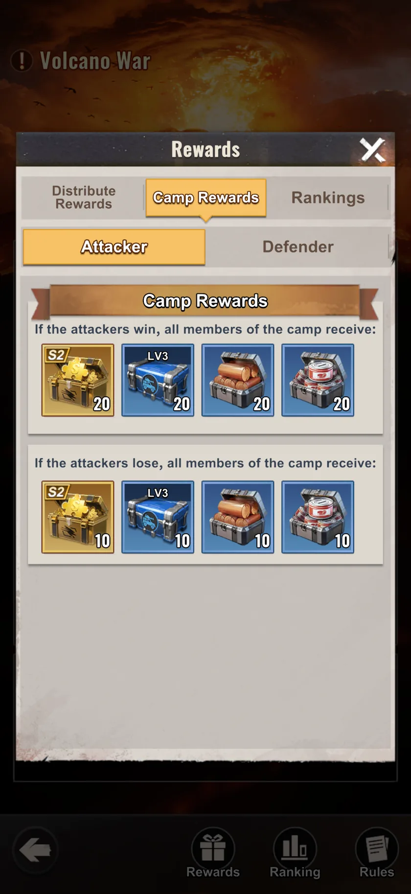 Last Z Volcano War infographic — Attacker Camp Rewards · win ×20 / lose ×10